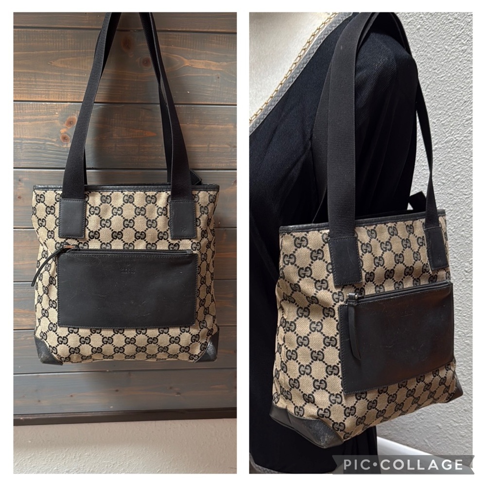 Authentic Gucci GG Monogram Black Leather & Tan Canvas Tote
